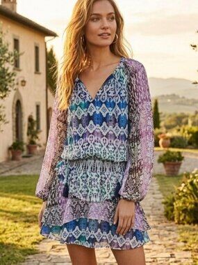 Ramy Brook 100% Silk Blue Purple Batik Printed Kayden Tiered Ruffle Mini Dress M